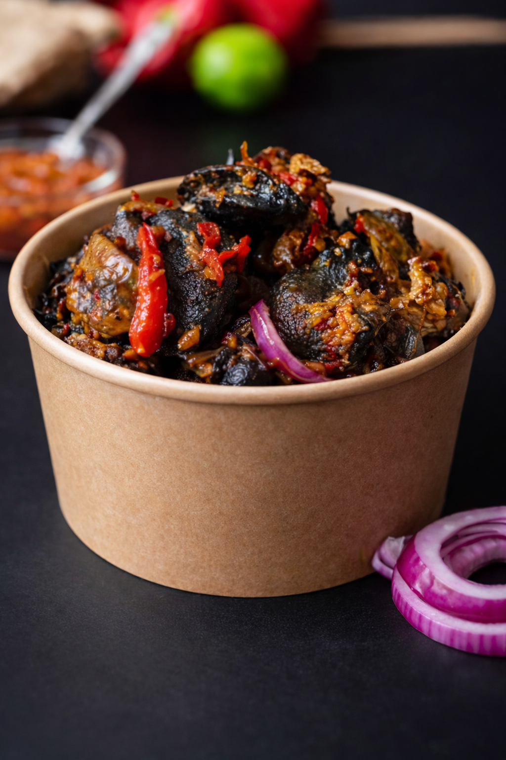 A bowl of Nigerian-style fish in spicy tomato sauce with red peppers and onions, served in a brown paper container.