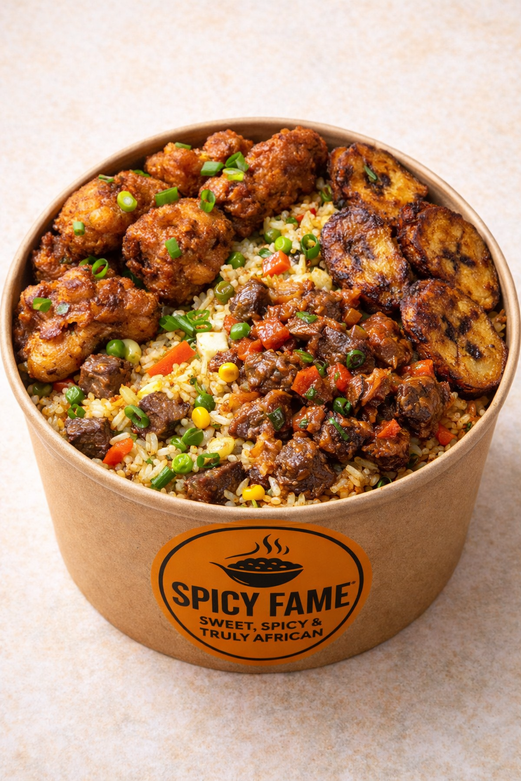 A takeout bowl of African-inspired rice, topped with grilled plantains, fried chicken, and beef stew, garnished with chopped green onions.