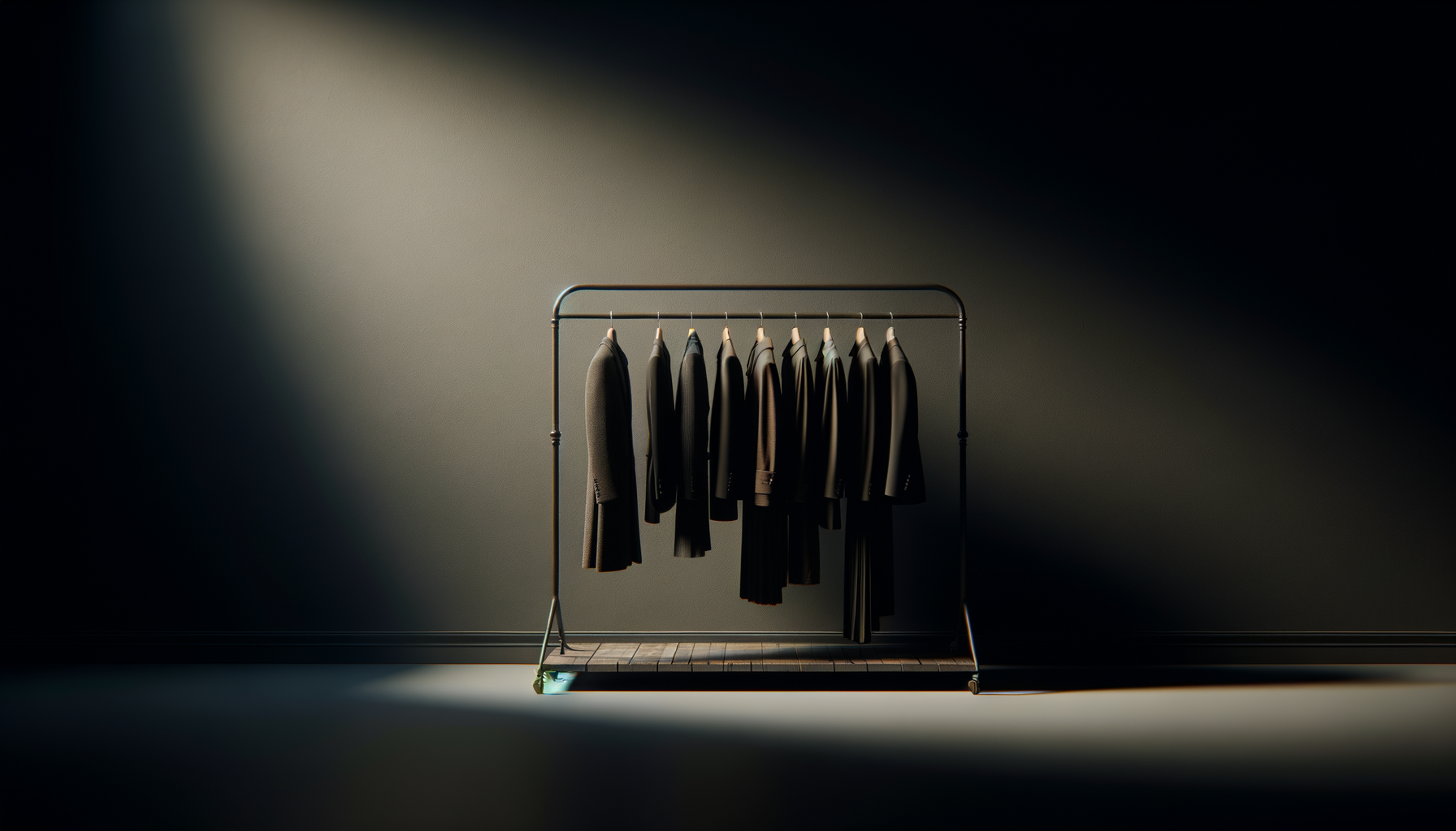 Clothing rack with dark jackets and coats against a plain wall, illuminated by soft light.