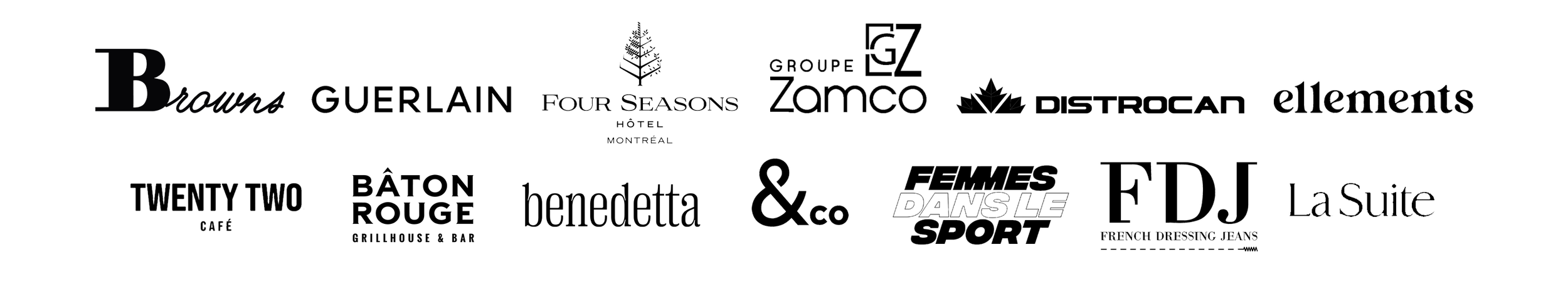 Collage of various brand logos including Bownes, Guerlain, Four Seasons Hotel, Elements, & Co, J.F.D., and others.