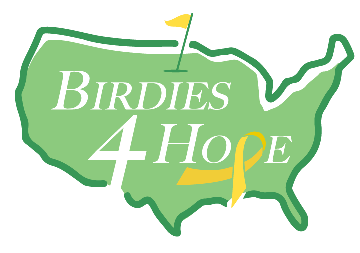 Illustration of a green map of the United States with a yellow ribbon and flag, and the text "Birdies 4 Hope".