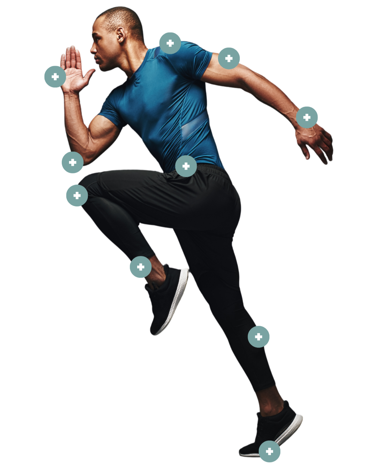 Image of a man in athletic wear, mid-sprint, with labels and plus signs pointing to different muscle groups engaged during running.