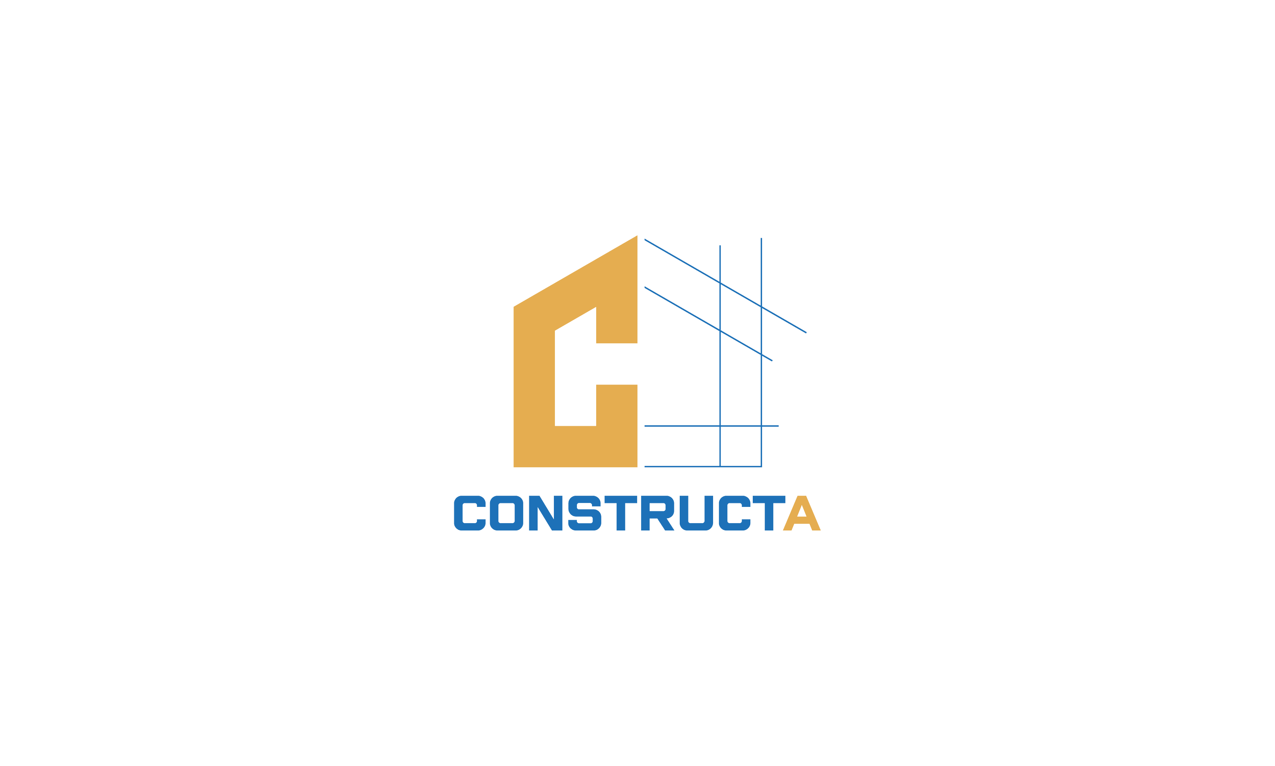 Logo for Contructa featuring a large gold letter 'C' stylized with building blueprint lines and the company name written below, with 'CONSTRUCTA' in uppercase blue and gold letters.