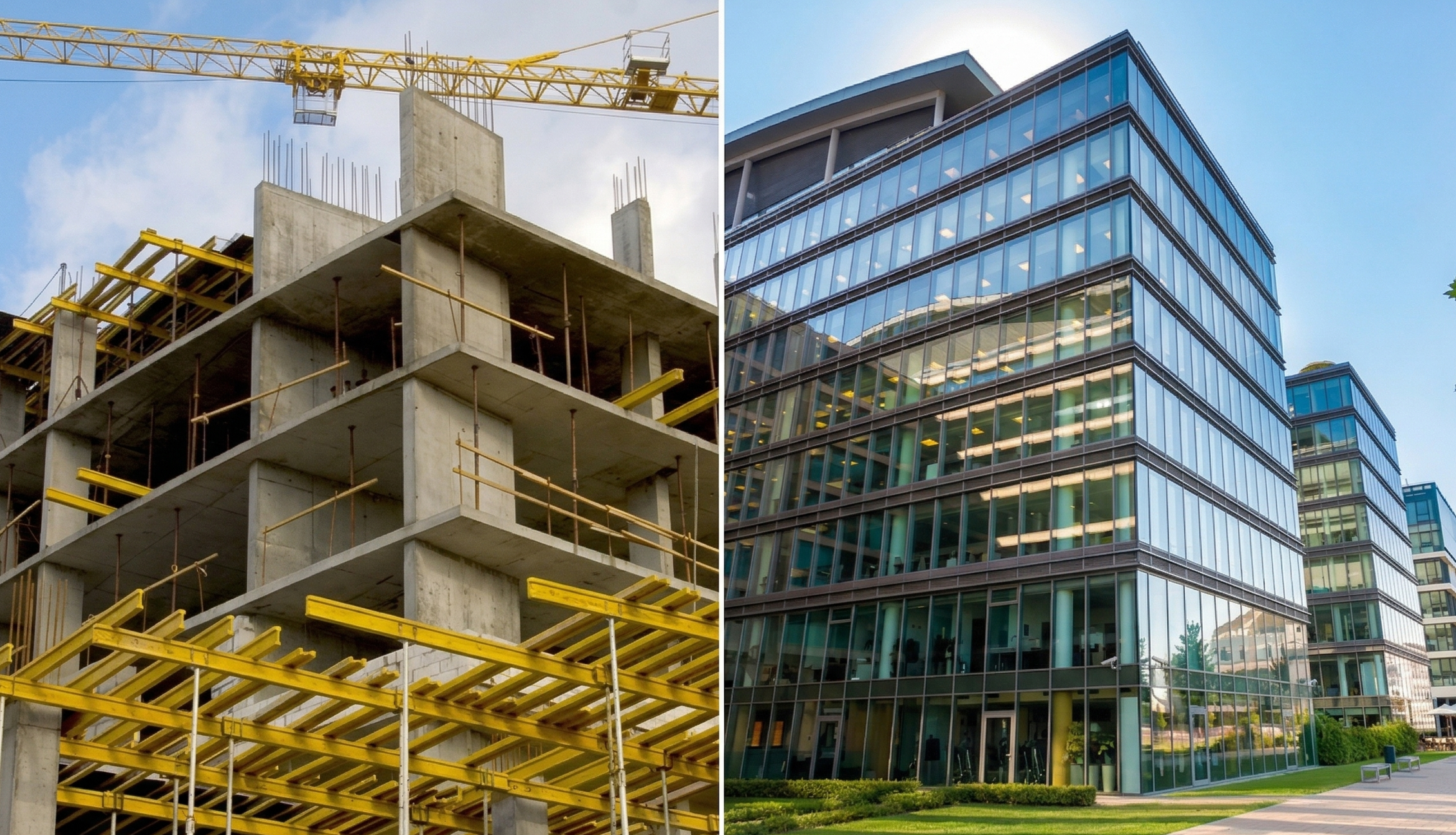 Side-by-side comparison of two buildings: one under construction with concrete floors and yellow scaffolding, the other completed with a modern glass facade and office windows.