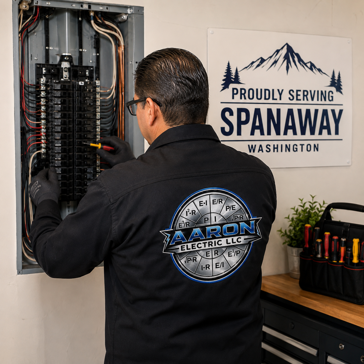 Aaron Electric LLC owner performing a professional electrical panel service for a homeowner in Spanaway, WA with company logo.