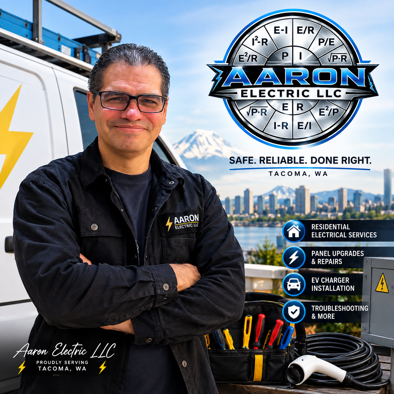 Professional electrician installing a new residential electrical panel with organized wiring and code-compliant workmanship for a Tacoma homeowner.