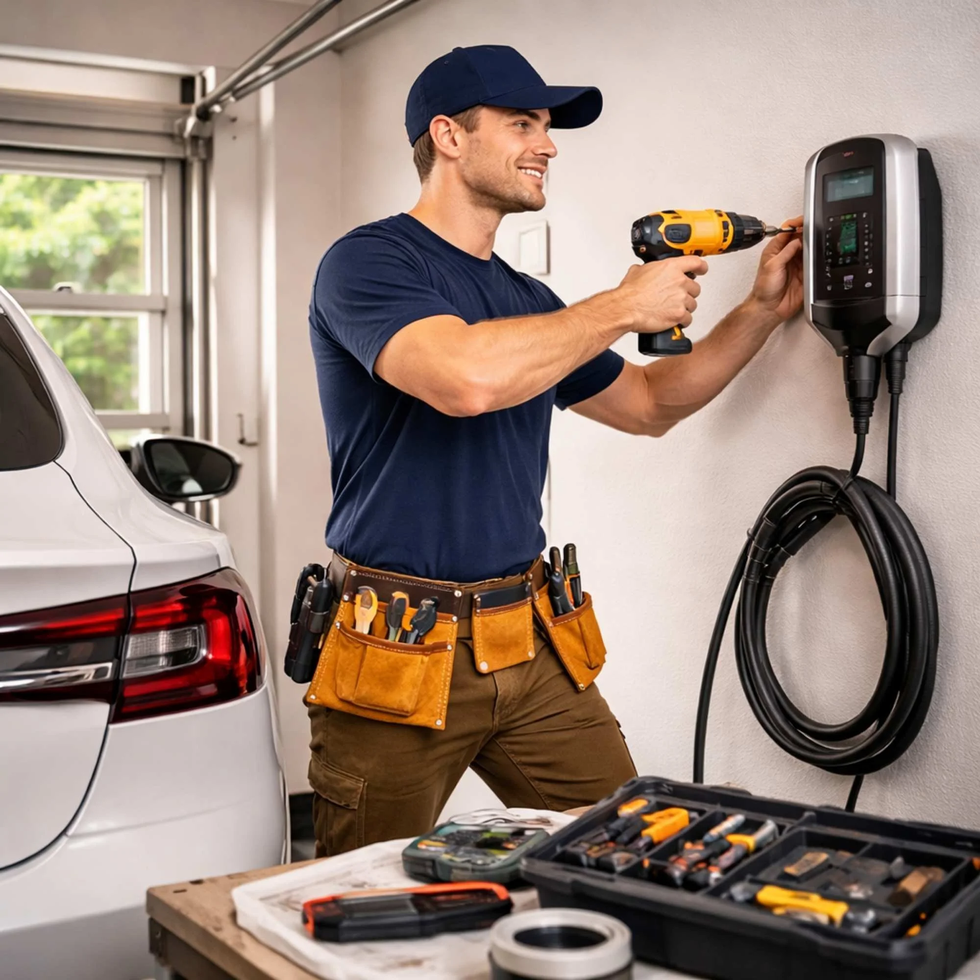 Residential electrician installing home EV charger for electric vehicle by Aaron Electric LLC safe professional installation