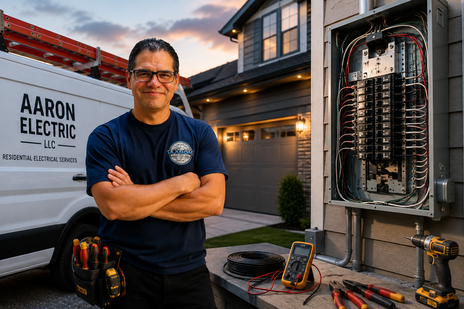 Electrical Repair and Installation Services  byAaron Electric LLC owner standing beside a residential service van with electrical panel and tools outside a Pierce County home.