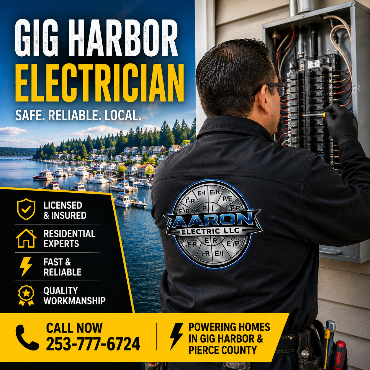 Professional electrician performing residential electrical panel work for a homeowner in Gig Harbor, Washington with Aaron Electric LLC.