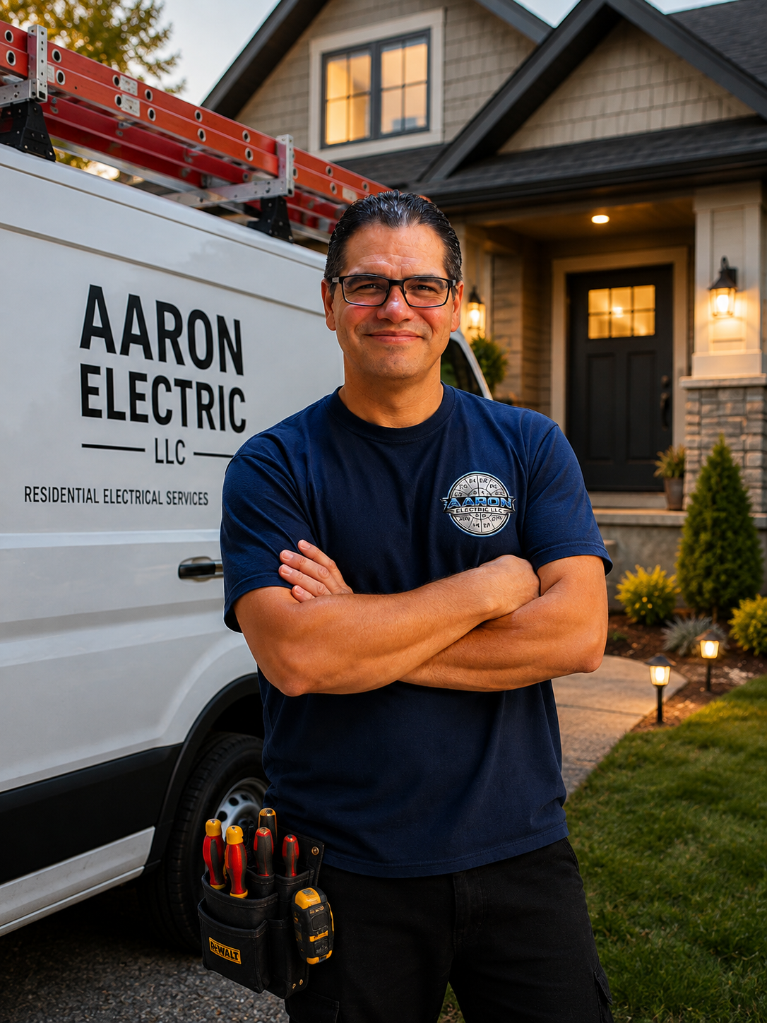 Aaron Electric LLC owner standing beside a residential service van with professional licensed electrican tools outside a home in Pierce County, WA.