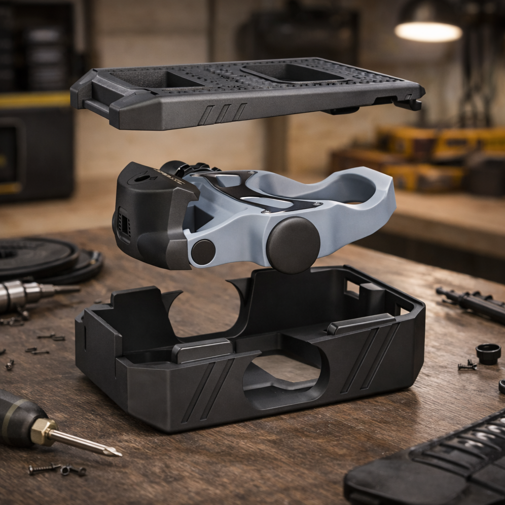 Exploded view of the AdaptRide double-sided pedal adapter system shown on a workbench, demonstrating the easy sandwich clip-in mechanism.