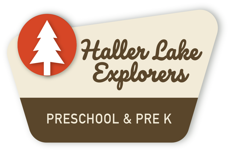 Logo for Haller Lake Explorers, a preschool and pre-kindergarten program, featuring a red circle with a white pine tree and text in brown and white colors.