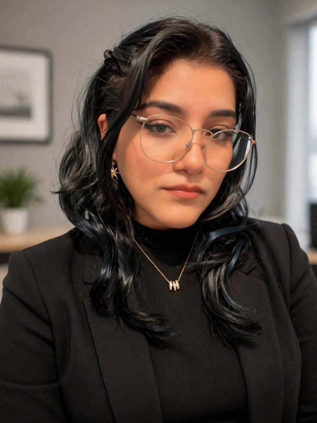 A young woman with black, wavy hair wearing glasses, a black blazer, and jewelry including earrings, a necklace with a letter 'M', and a small pendant, sitting indoors with a blurred background showing a potted plant and picture on the wall.