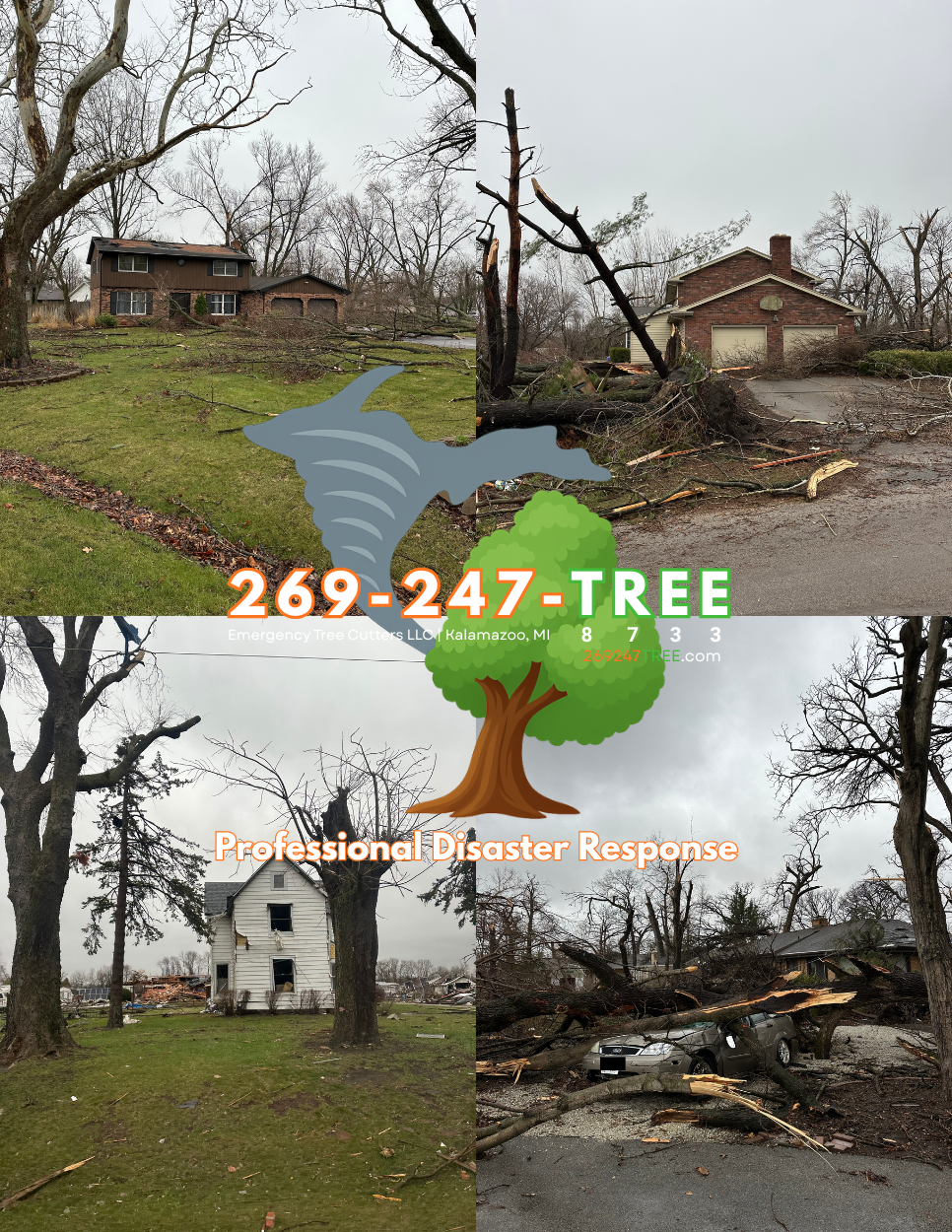 Images showing houses and trees damaged by a hurricane or tornado, with fallen branches and debris. Contact information for emergency tree cutters and professional disaster response services is overlaid on the image.