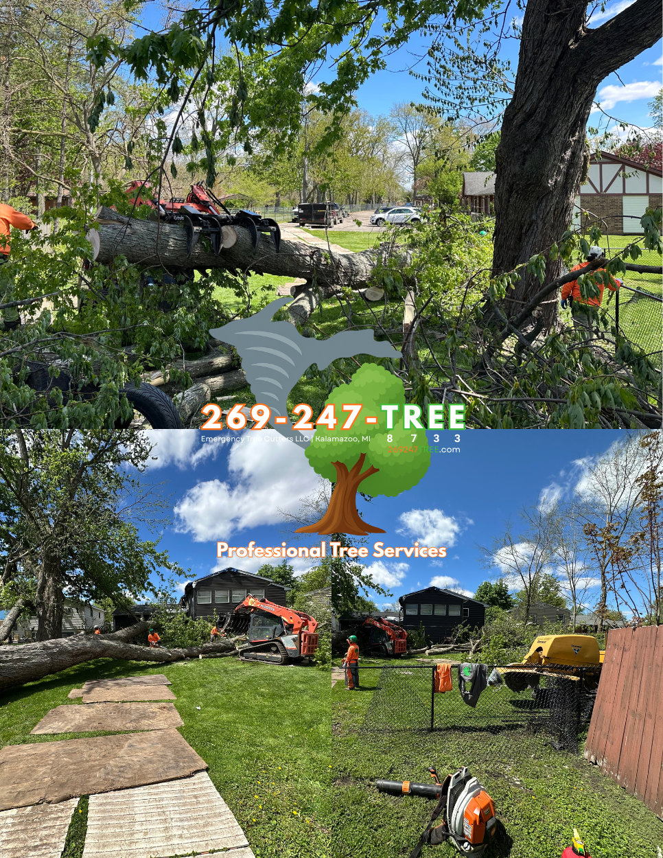 Tree removal process in a residential area with workers, heavy machinery, and fallen tree branches.