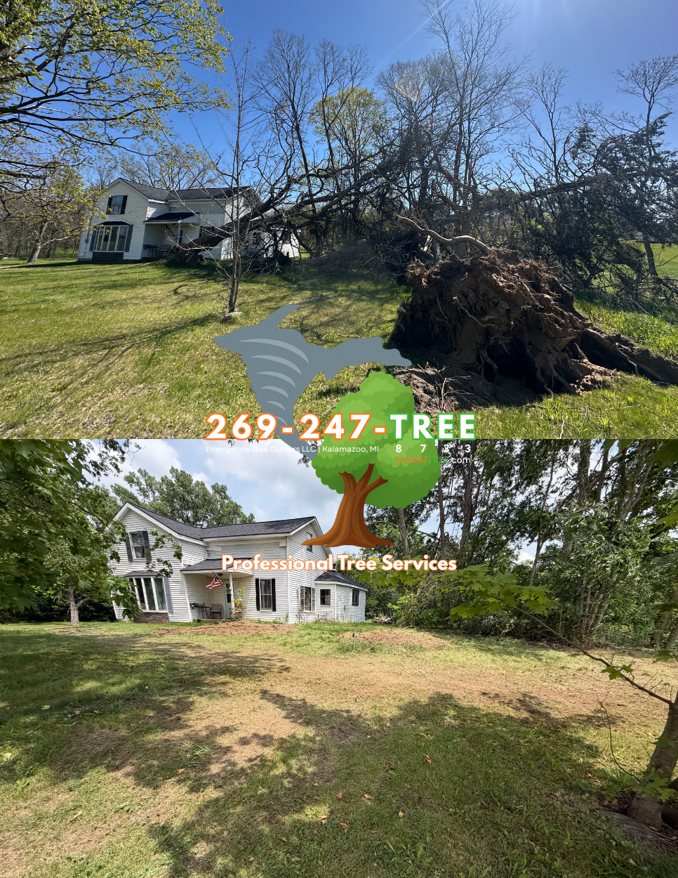 Comparison of trees before and after removal at a residential property, showing a fallen tree in the top image and a cleared yard in the bottom image, with overlay text and logos for professional tree services.