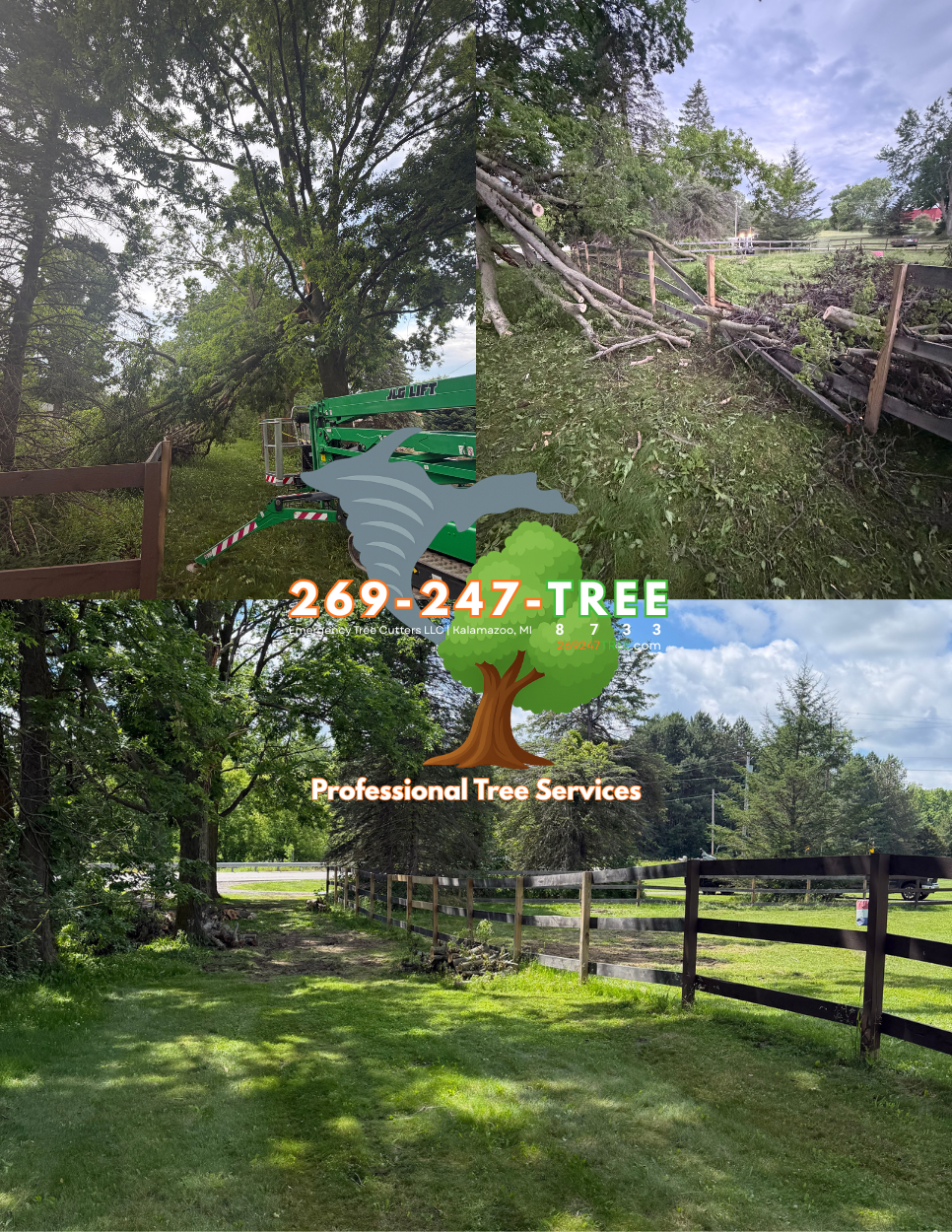 A collage of three images showing fallen trees and tree trimming equipment, with a logo and contact information for a professional tree service company.
