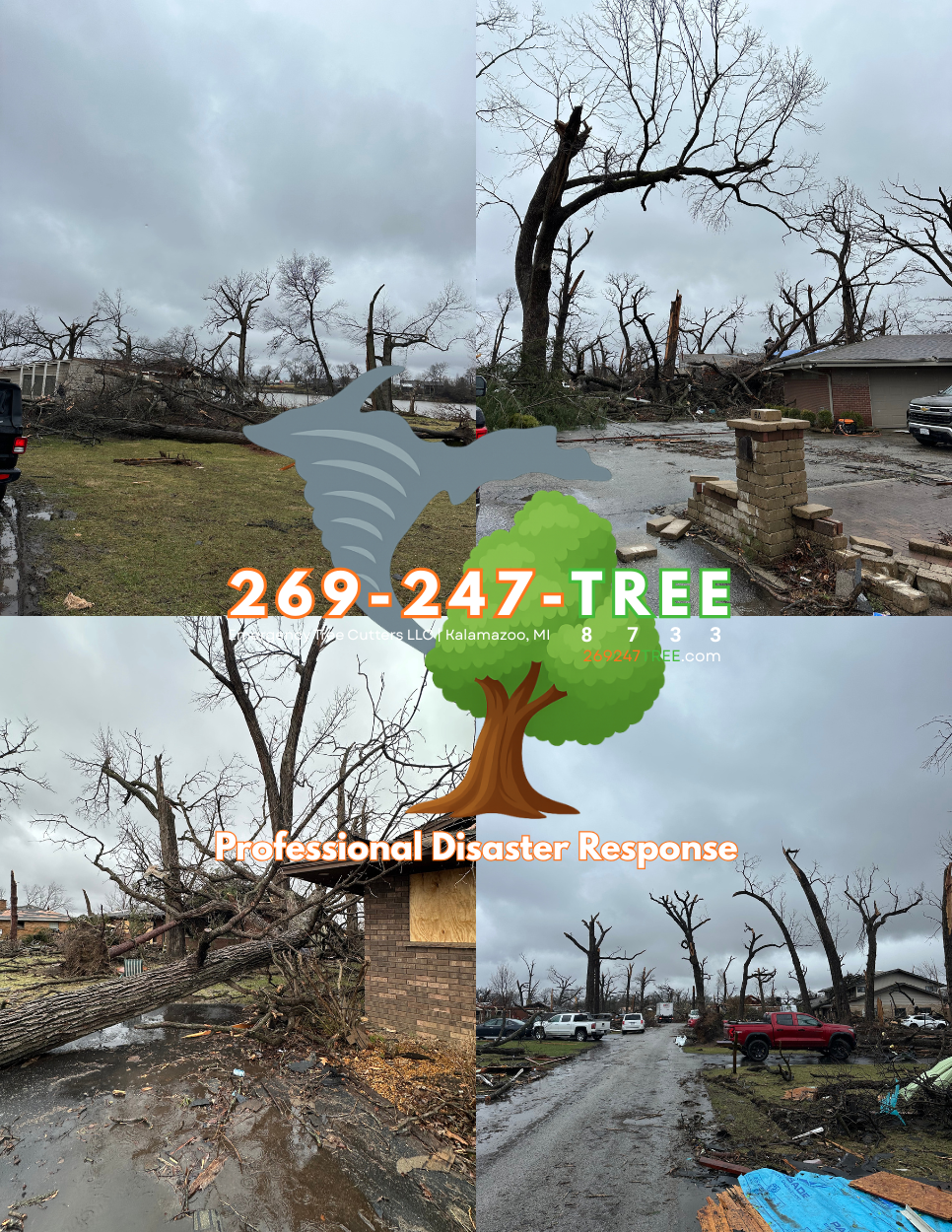 Photos of a neighborhood destroyed by a storm, showing fallen trees, broken trees, damaged houses, debris, and damaged cars, with a graphic overlay of a shark and a tree, and text indicating a professional disaster response service.