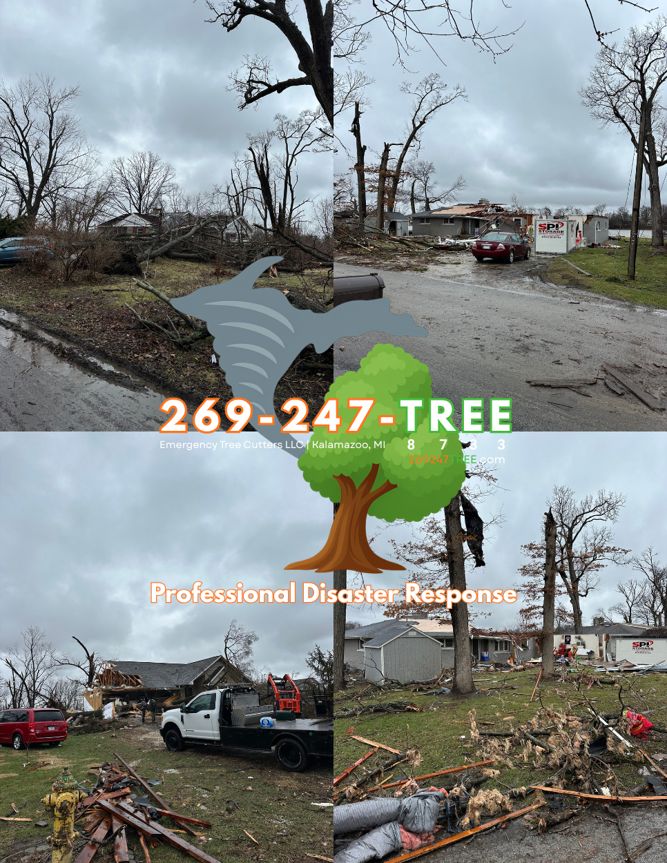 Collage of images showing storm damage to houses with fallen trees, debris, and damaged structures on a cloudy day, with a company logo and contact information for emergency tree cutting services.