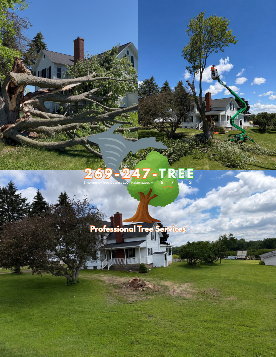 A house with trees around it, including a large tree being cut down by a worker using a cherry picker. The image features a logo for emergency tree cutting and professional tree services.