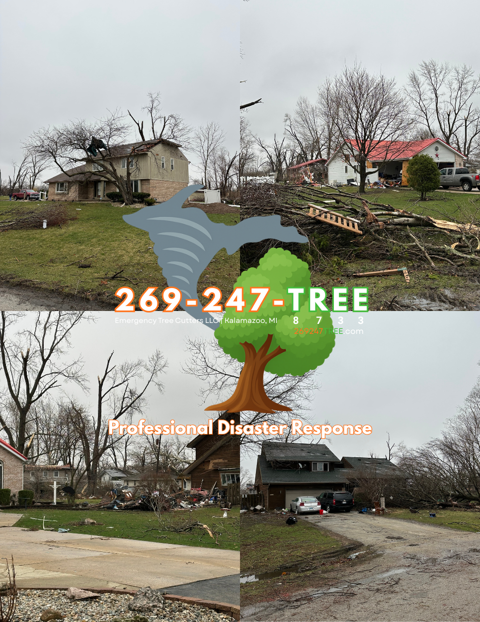 A collage of four images showing houses and trees damaged by a storm, with a graphic overlay of a tornado and a tree, along with text promoting a tree care service and disaster response company.