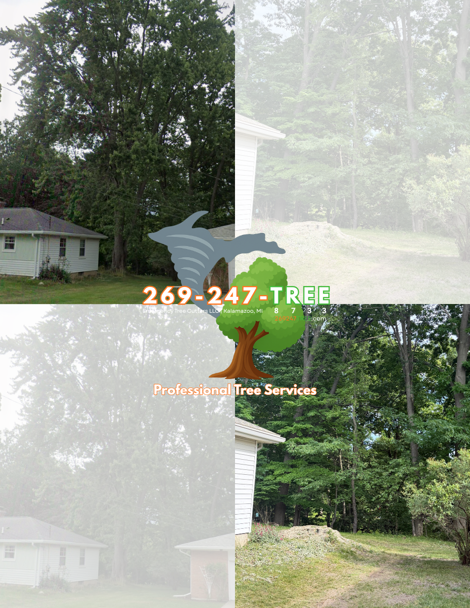 Split image showing a house and tall trees on a lawn, with overlaid logo and contact information for a tree service company.
