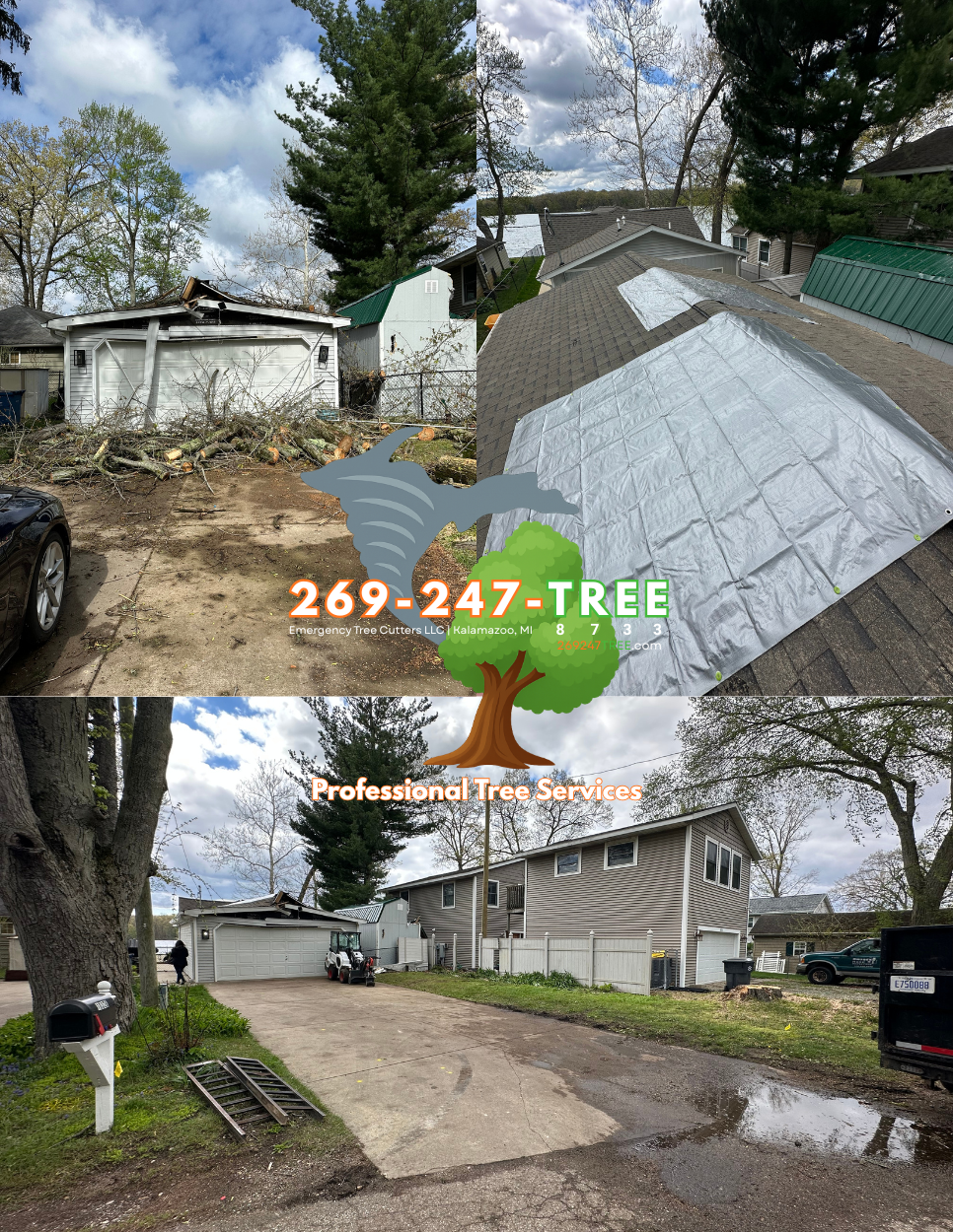 Before and after images of a house's roof and yard removal of fallen trees, showcasing professional tree services, with a company logo and contact information.