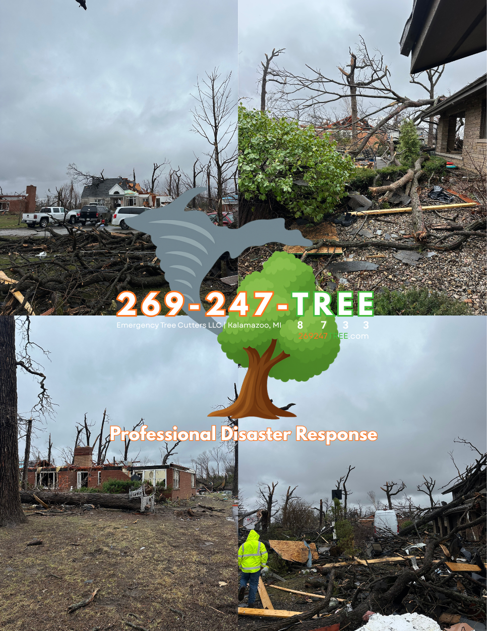 Images of storm-damaged trees and destroyed houses, with a person in a yellow high-visibility jacket, promoting a tree removal service with contact information and tagline 'Professional Disaster Response'.