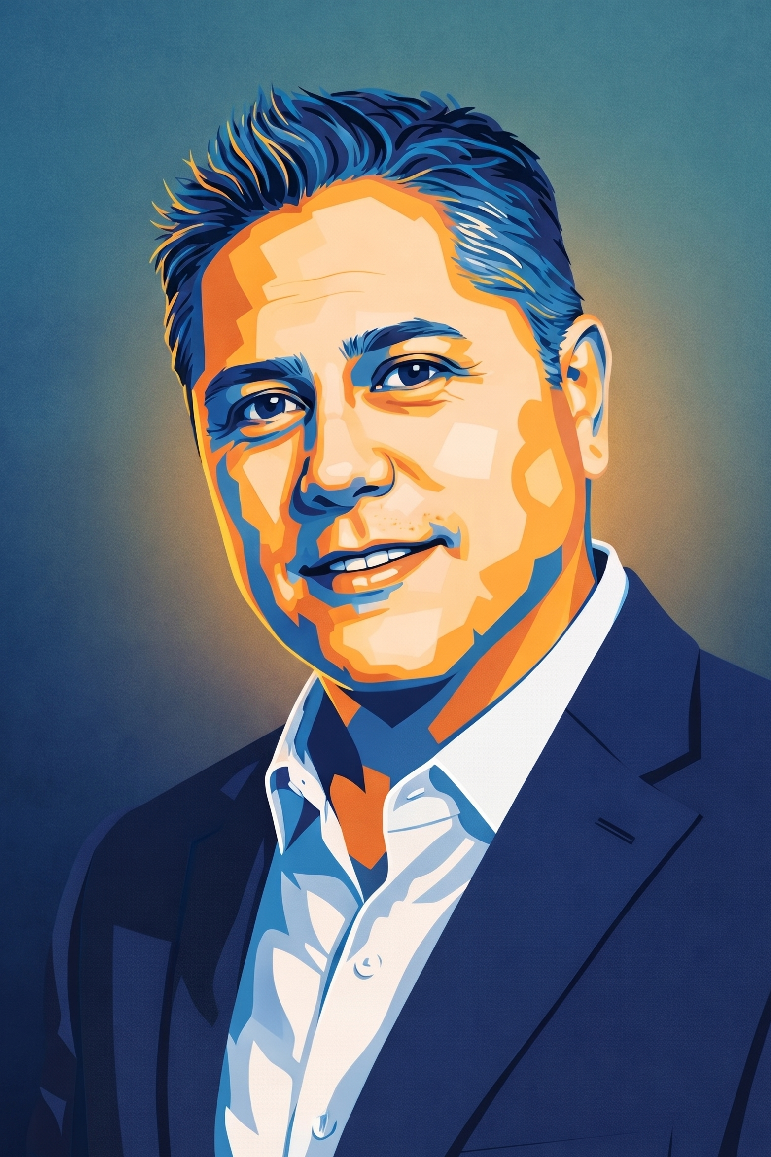 Illustration of a smiling man with short hair, wearing a suit and white shirt, against a gradient background.