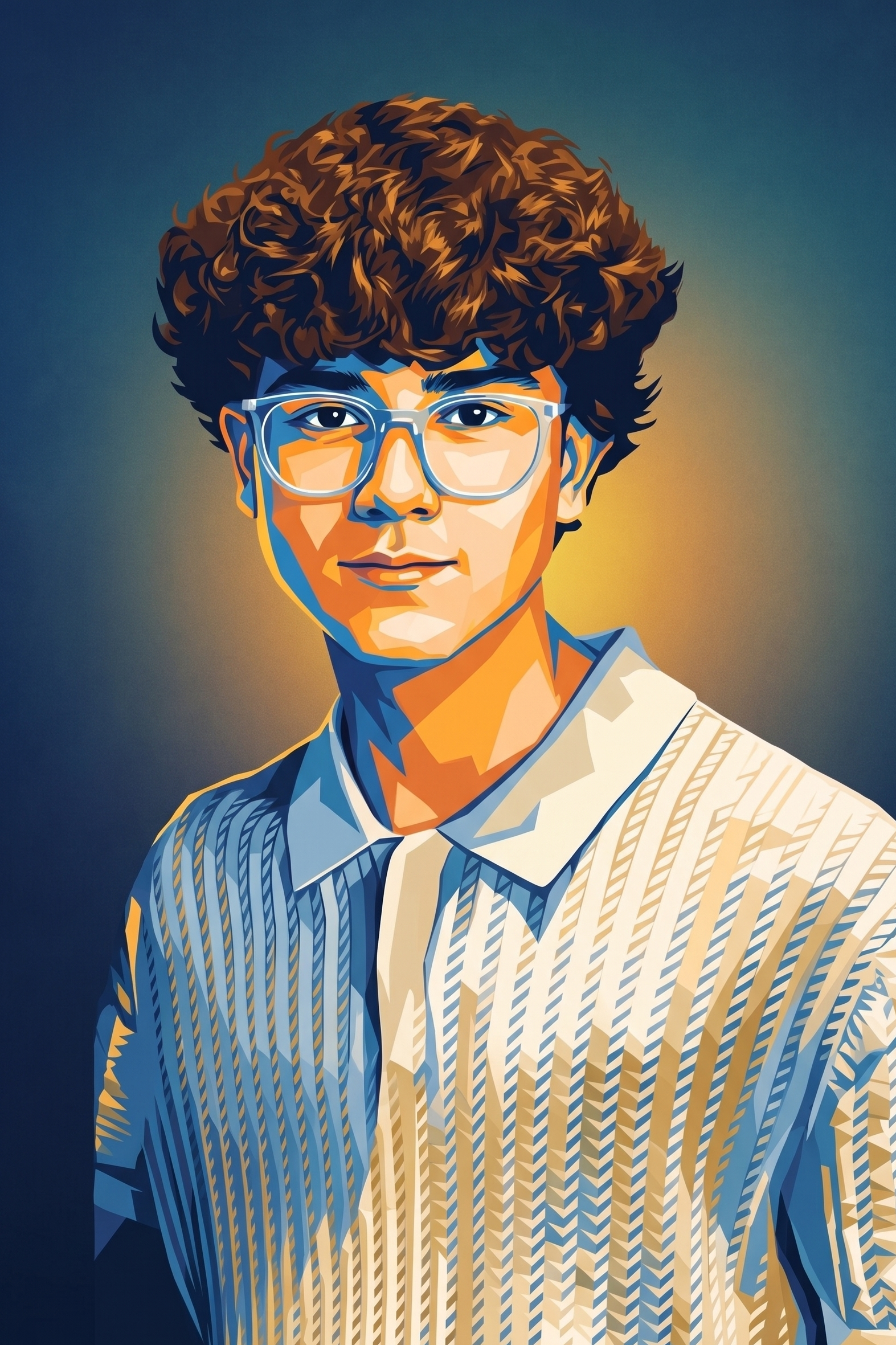 Digital illustration of a young person with curly brown hair, glasses, and wearing a striped shirt against a gradient background.