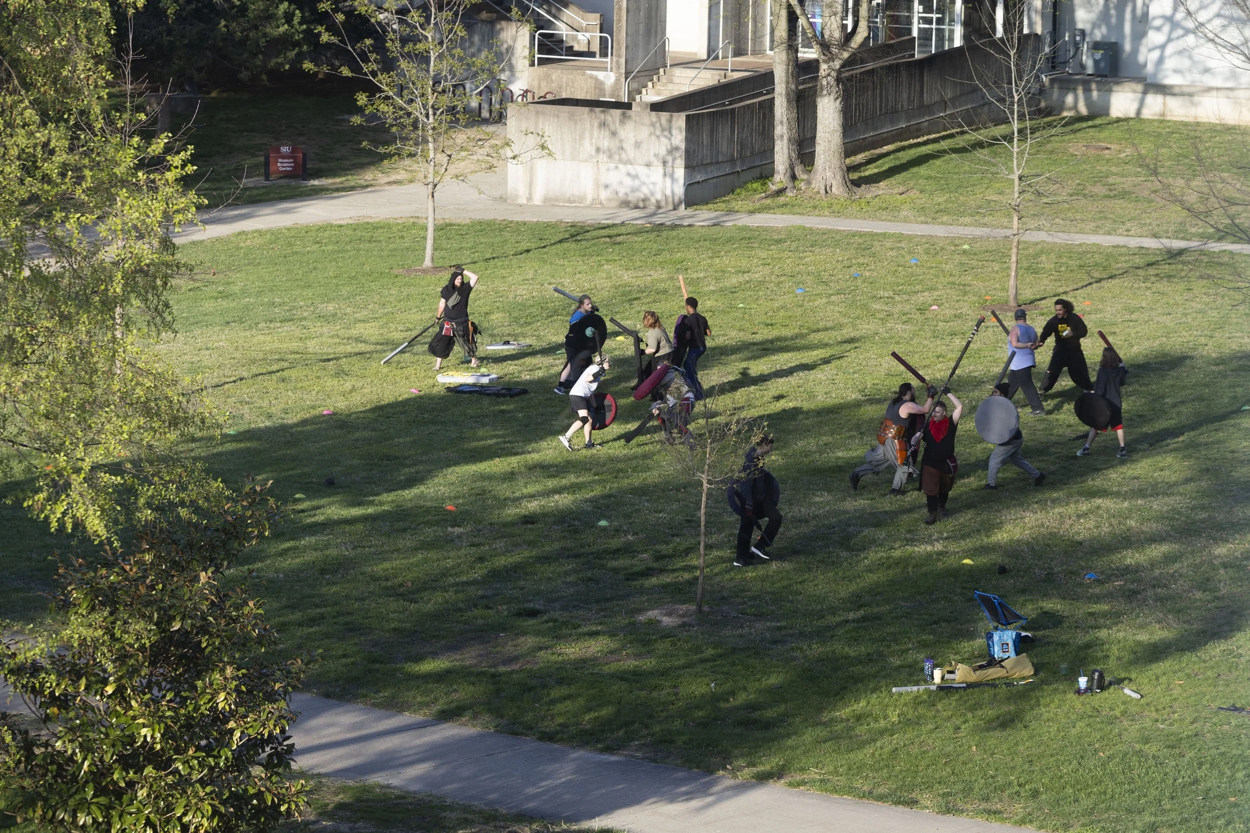 The medieval combat club fights April 7, 2026 in front of Morris Library in Carbondale, Illinois.