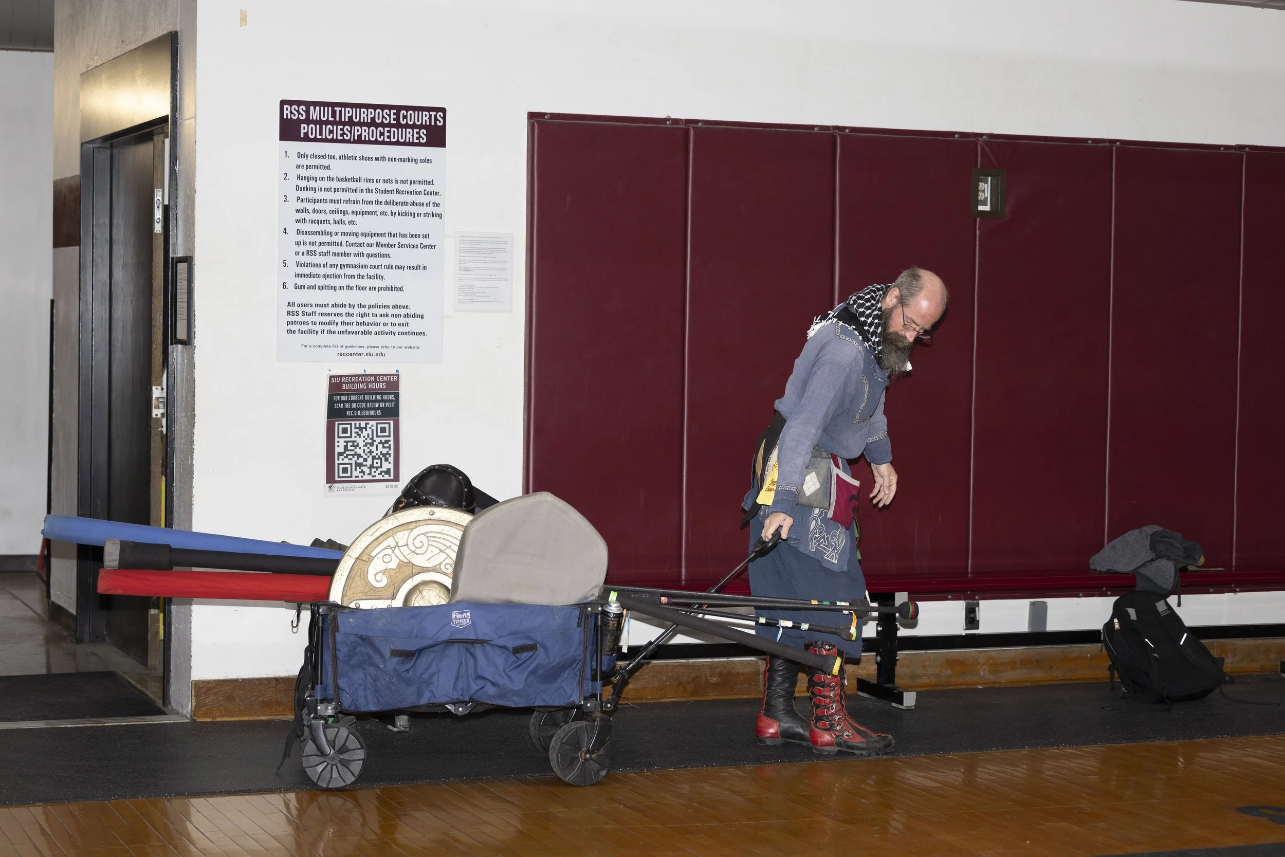 SIU Medieval Combat Club founding member David Croteau (Crowe) brings his personal gear in for the Punic Wars March 28, 2026 at the SIU Rec Center in Carbondale, Illinois. “I’m glad that the group is still going and I’m glad that there’s still people