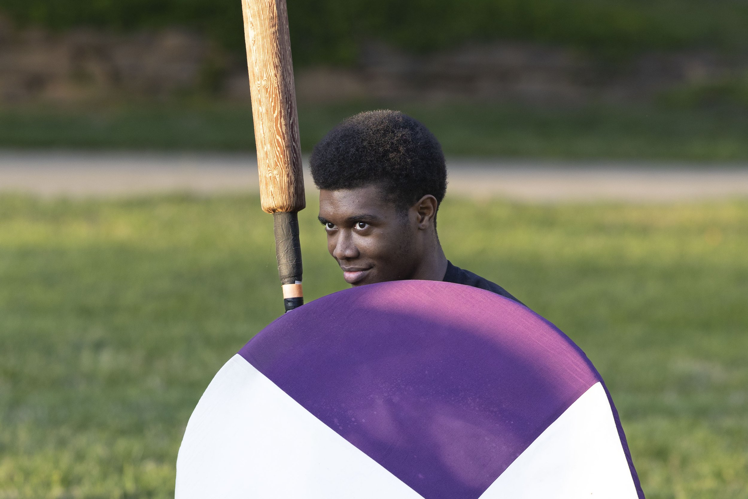 Upcoming Vice President Quincy Washington (Q) holds up his foam sword and shield ready to fight April 7, 2026 in front of Morris Library in Carbondale, Illinois. “I enjoy coming out, getting to beat up people, but also getting to make connections wit