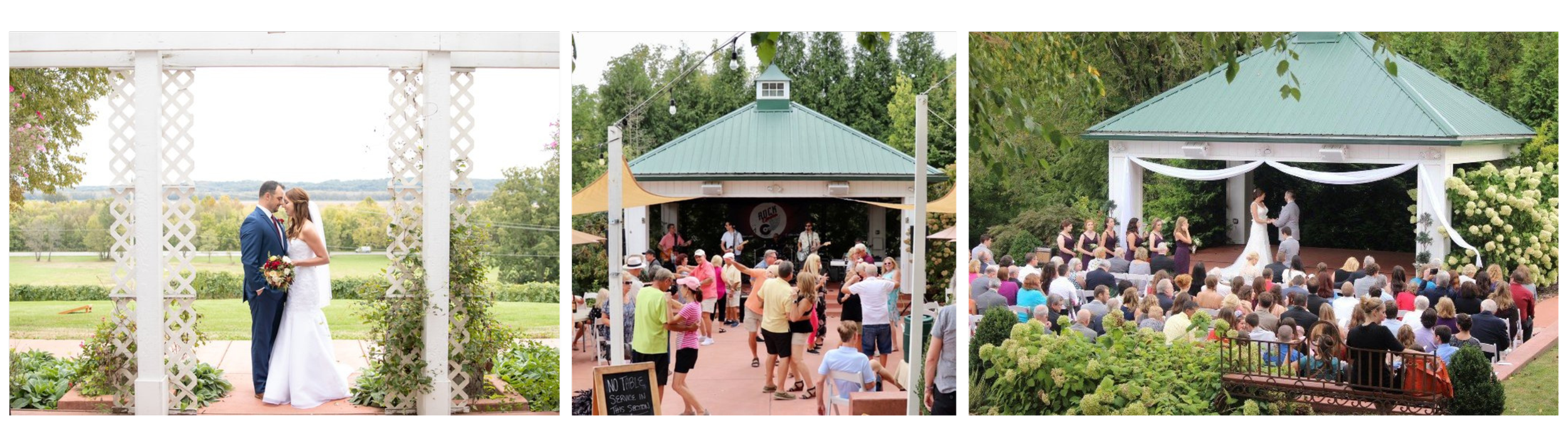 Wedding ceremony and reception featuring a bride, groom and their guests at Defiance Ridge Vineyards out on the patio under a pergola and pavilion