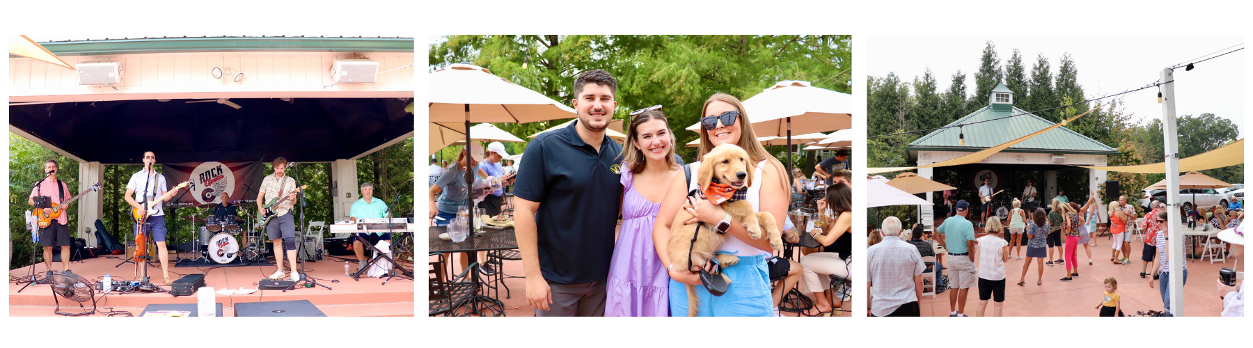 People attending an outdoor event with live music performance, dining, and dancing at a pavilion at Defiance Ridge Vineyards