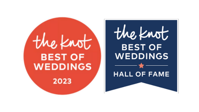 Two awards plaques for 'The Knot Best of Weddings 2023,' one circular with an orange background and the other rectangular with a dark blue background, both featuring white text.