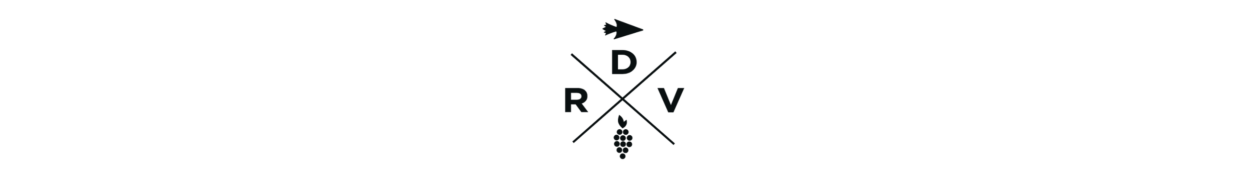 Close-up of black wine bottle with a minimalist label featuring a bunch of grapes and a logo with crossed lines and letters 'D', 'R', 'V'.