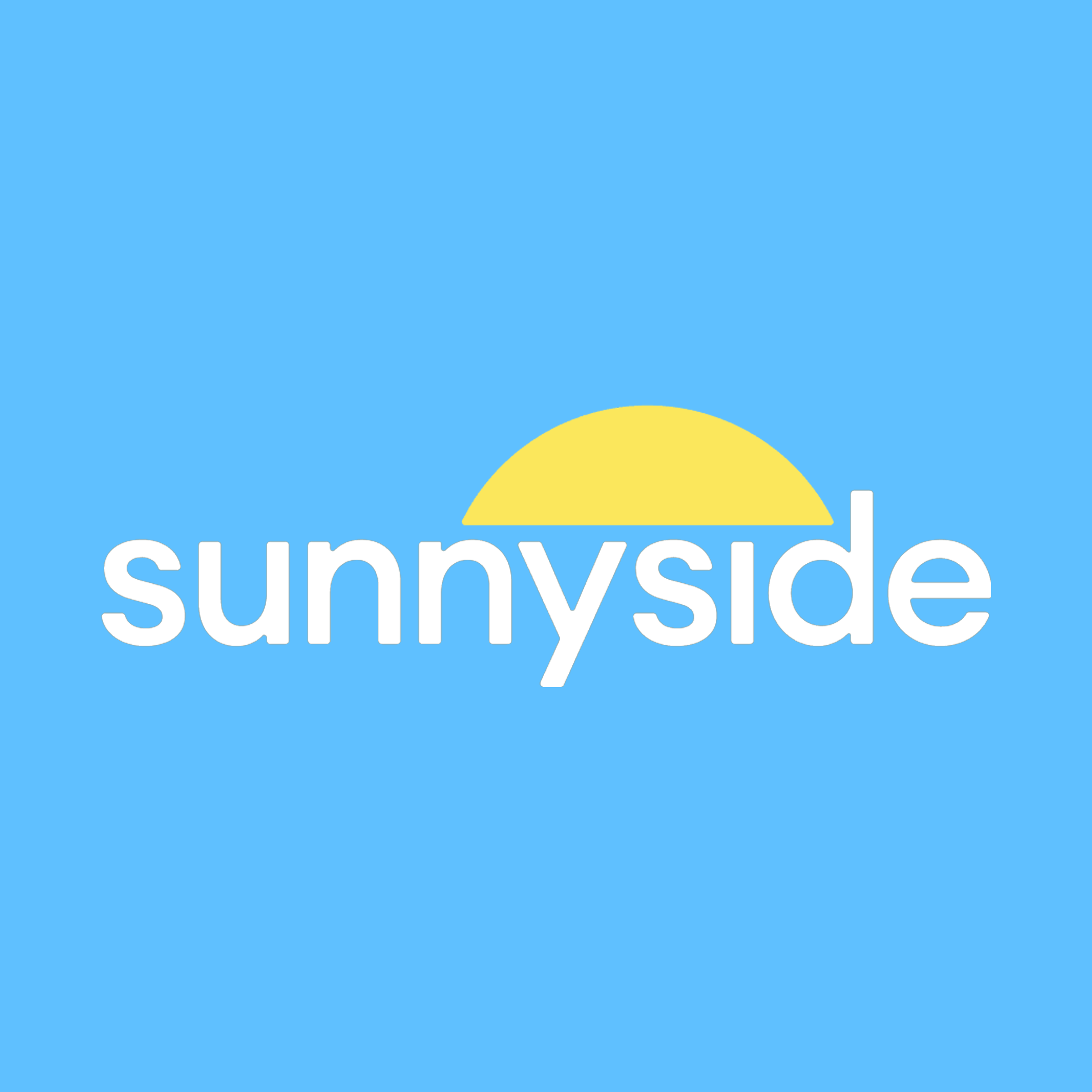 Sunnyside logo with a yellow sun partially visible behind the word "sunnyside" on a blue background.