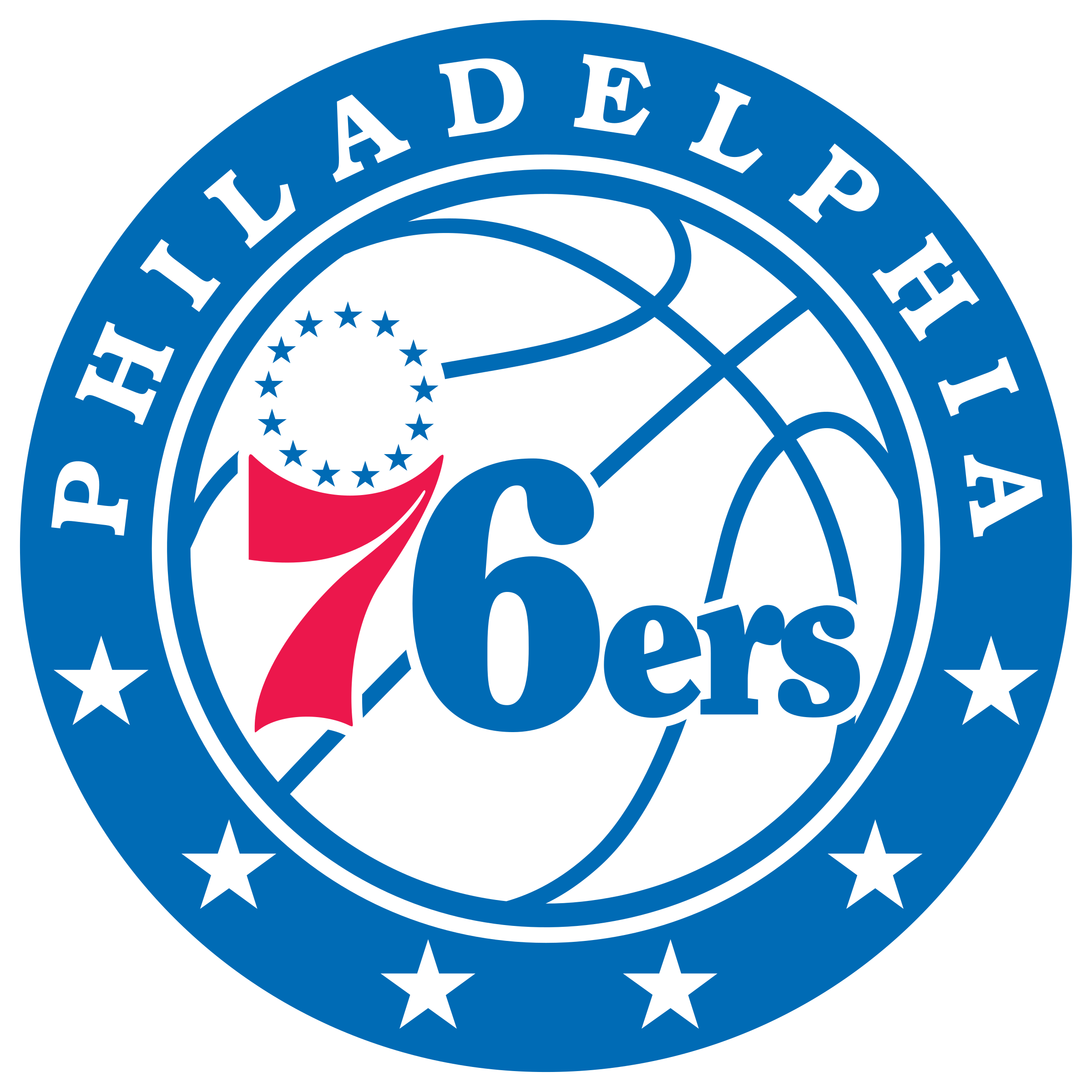 Logo of the Philadelphia 76ers basketball team featuring a basketball with the number 76, stars, and the team name encircled in blue.