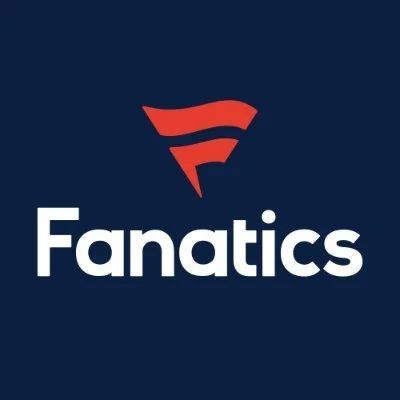 Fanatics logo with a red stylized 'F' and the company name below on a dark blue background.