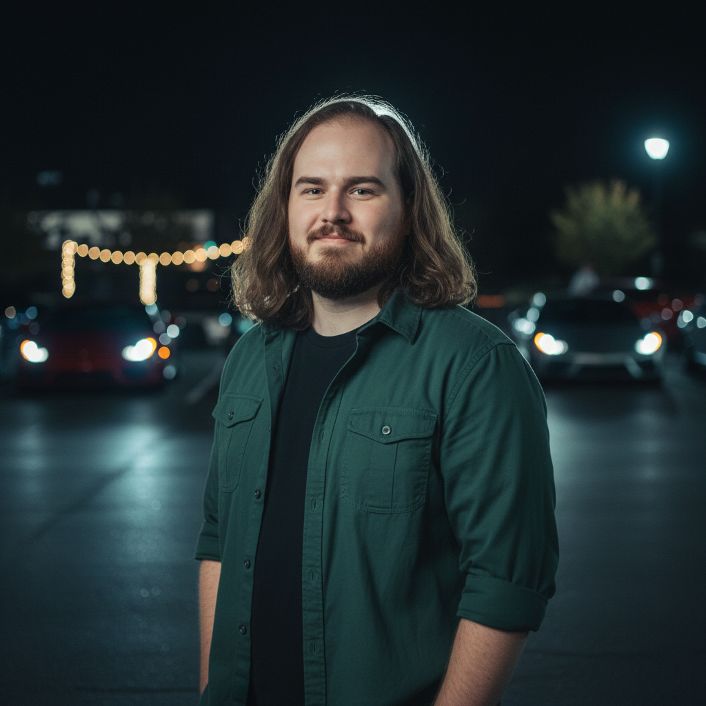 A young man with shoulder-length brown hair and a beard standing in a parking lot at night, lit by streetlights and car headlights.