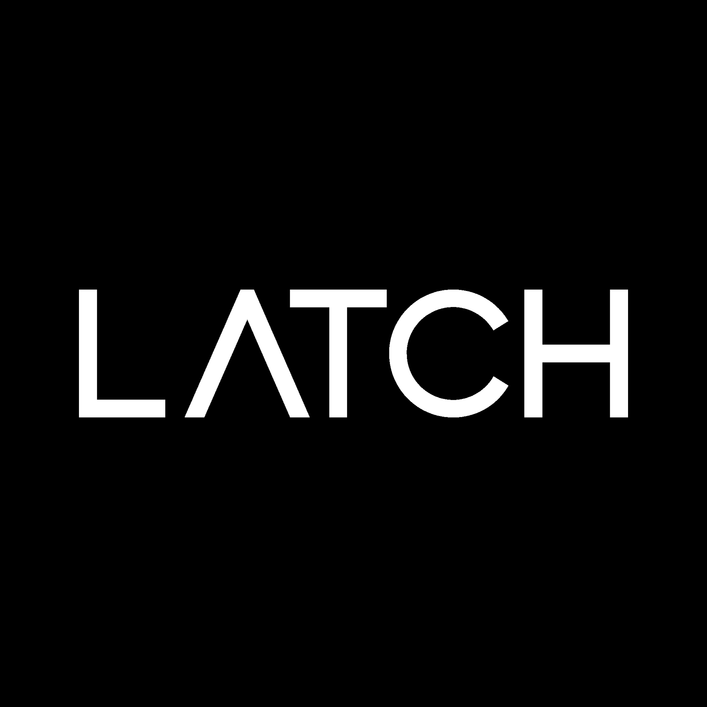 Black background with the word "LATCH" in white capital letters, with the "A" stylized as a triangle.