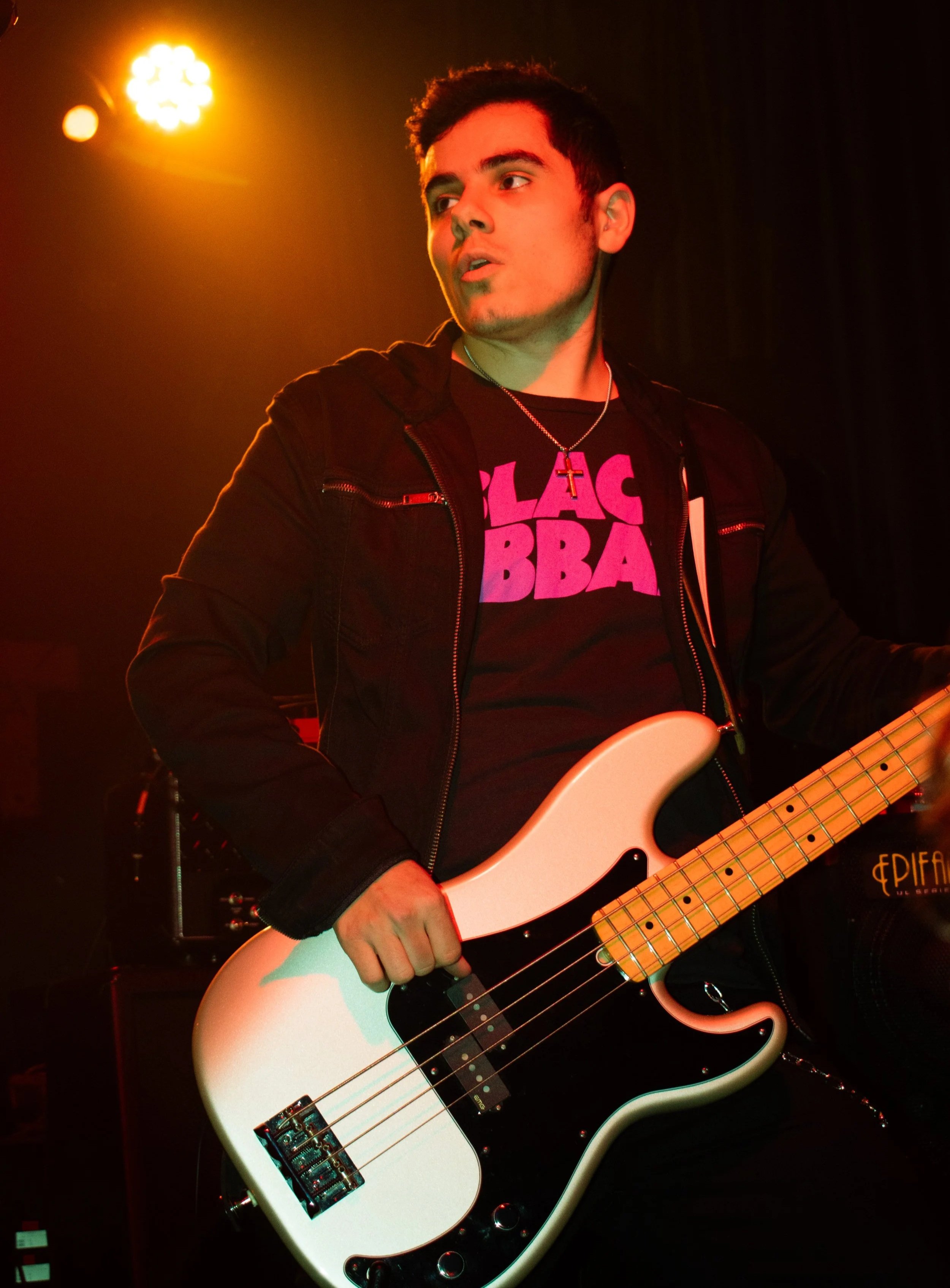 Bassist Anthony Schettino performing on stage at Dingbatz