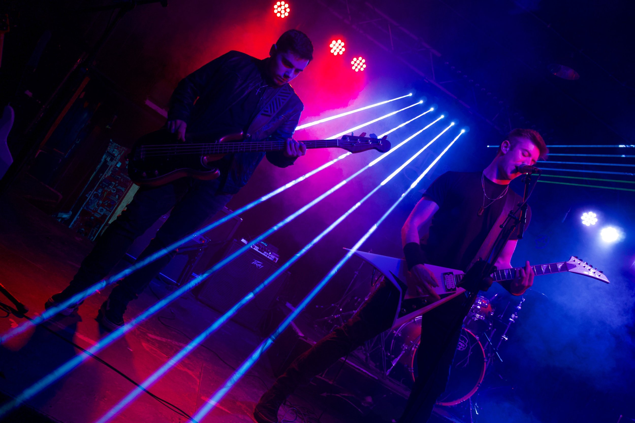 Bassist Anthony Schettino and Guitarist Johnny Iodice performing at Dingbatz with lasers