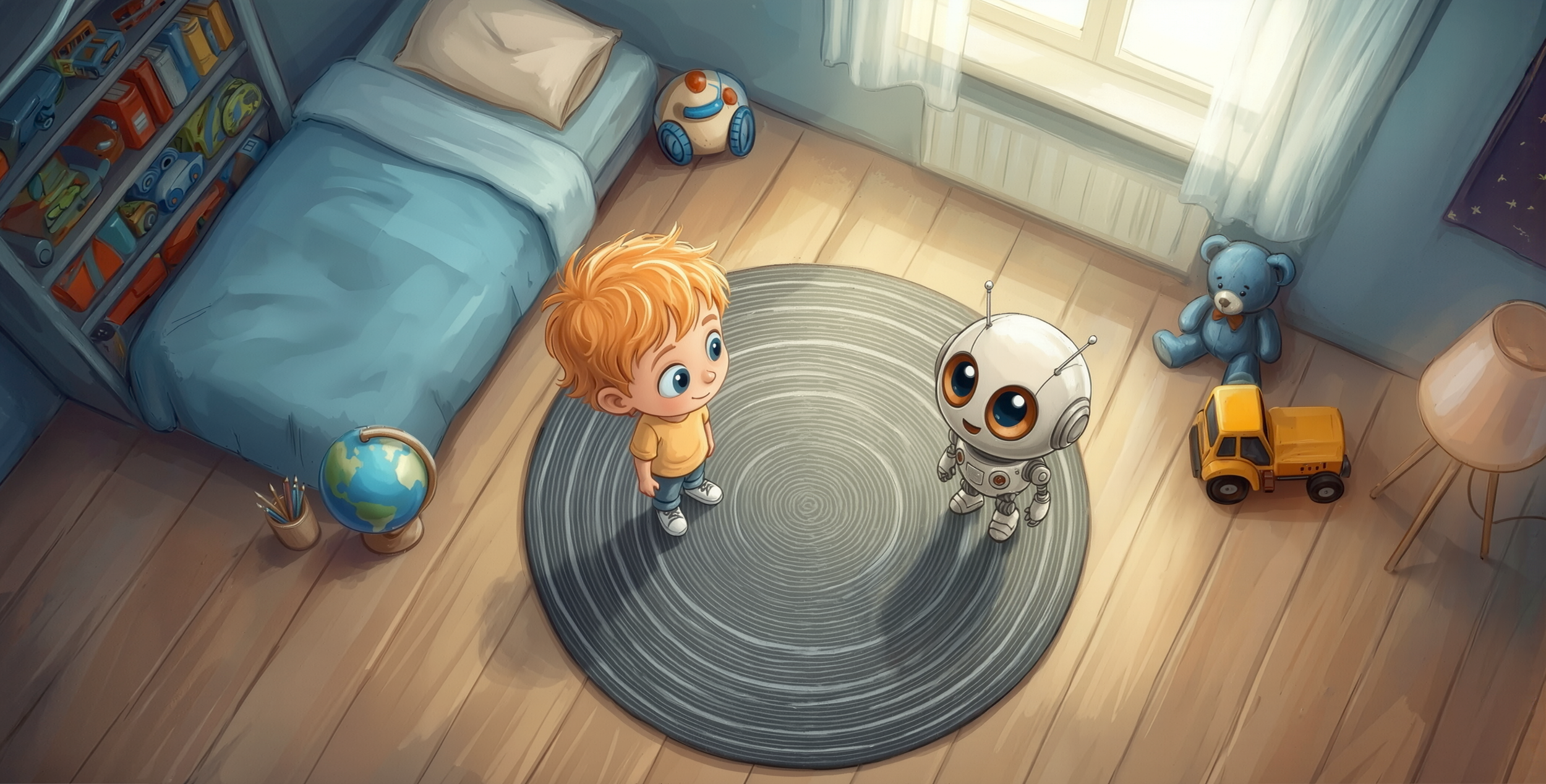A young boy talking to a small robot friend inside a child's bedroom. The room has a bed, shelves with toys, a globe, a yellow toy truck, and a blue teddy bear. Sunlight streams through a window.