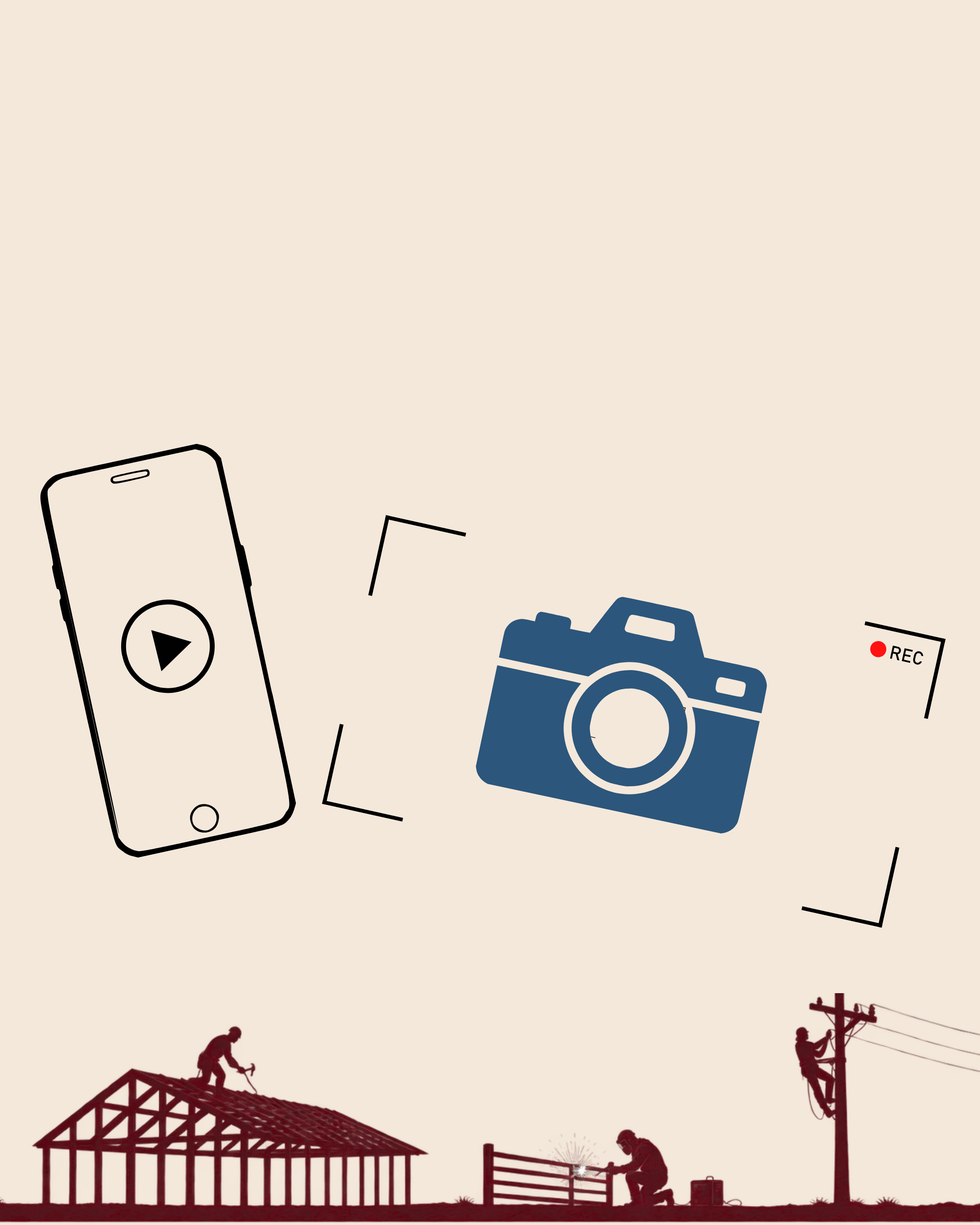 Silhouette illustrations of construction workers building and maintaining structures, including framing a roof, trimming a fence, and working on power lines.