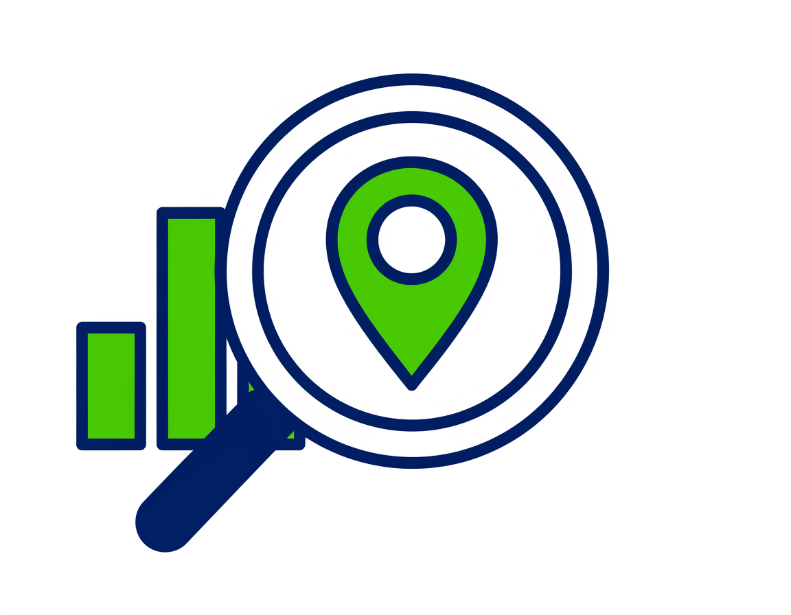 Magnifying glass with a location pin inside and bar chart in the background.