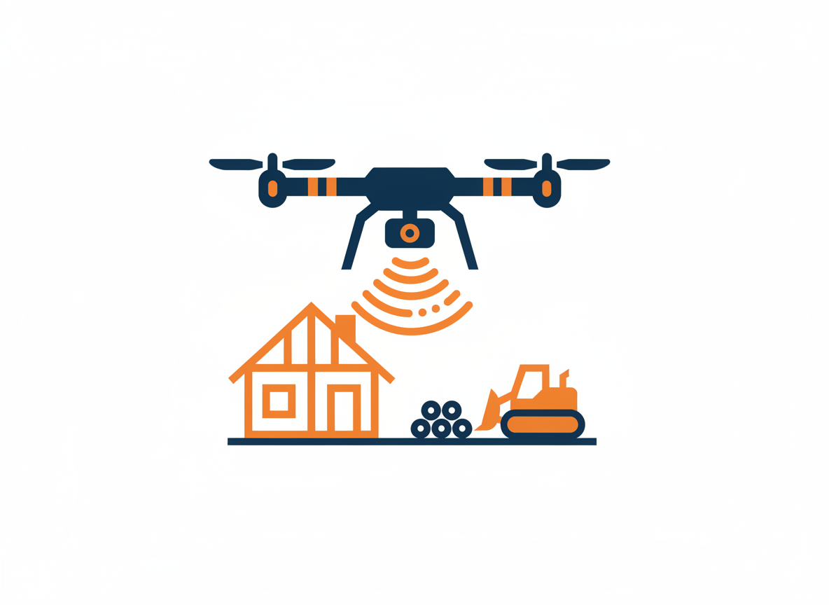 Illustration of a drone flying over a house, logs, and a construction vehicle, with signals indicating drone monitoring or data transmission.