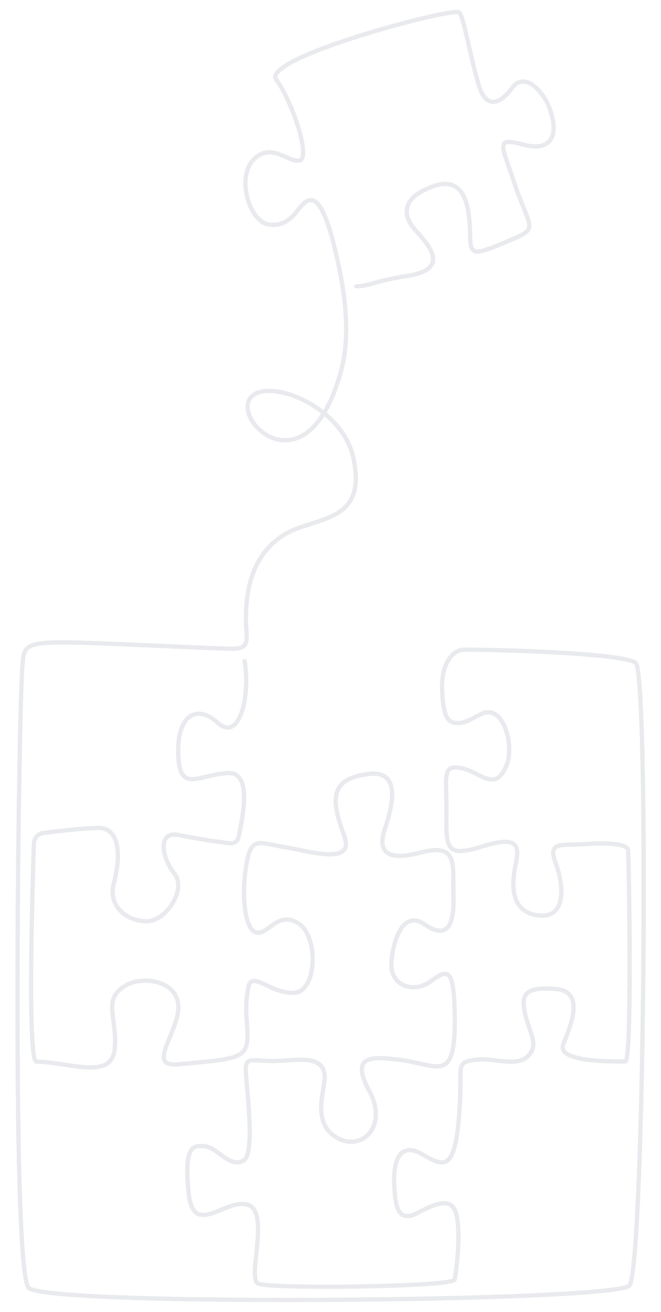 Outline of interconnected puzzle pieces forming a chain on a black background.