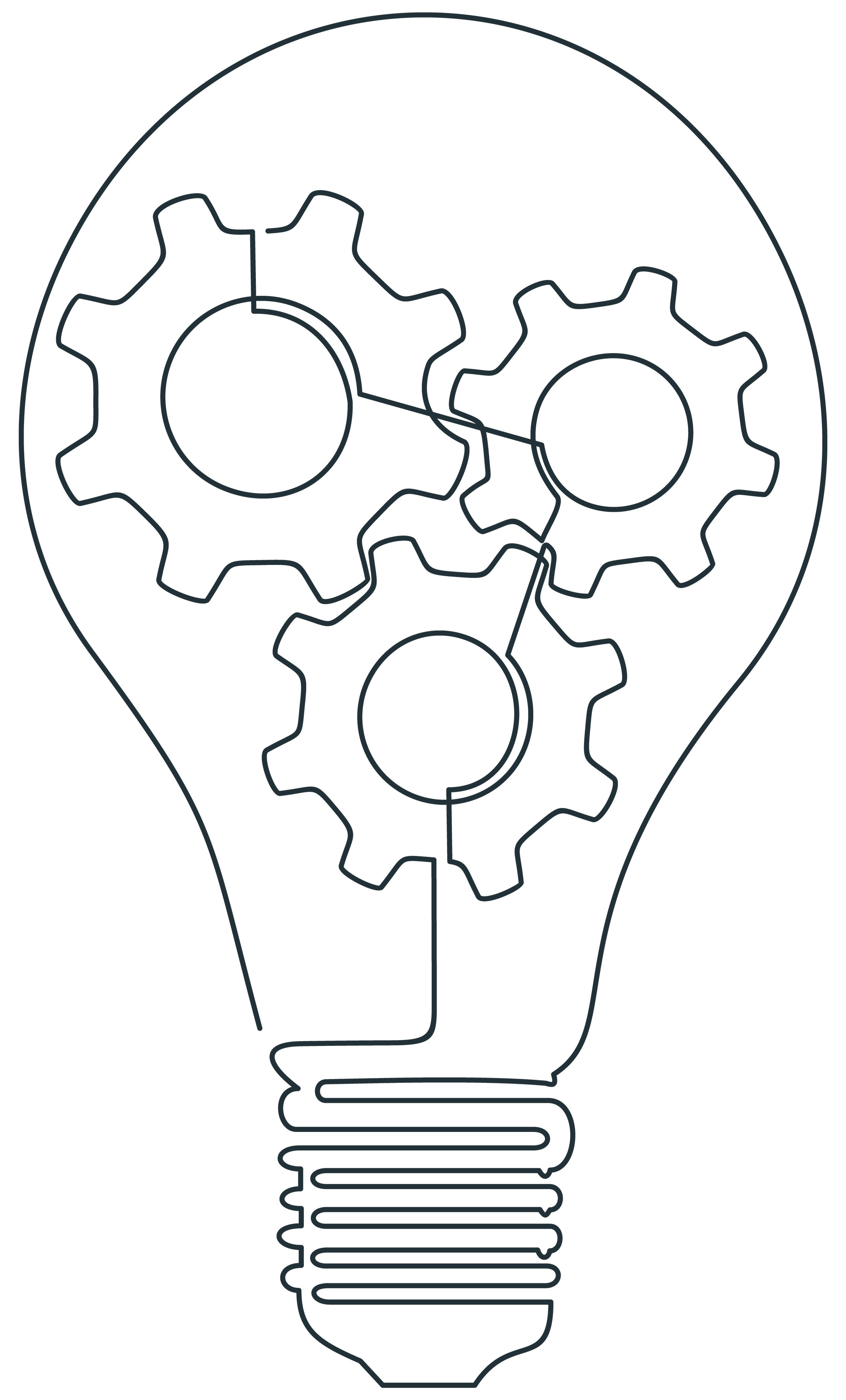 Line drawing of a lightbulb with gears inside, symbolizing ideas and innovation.